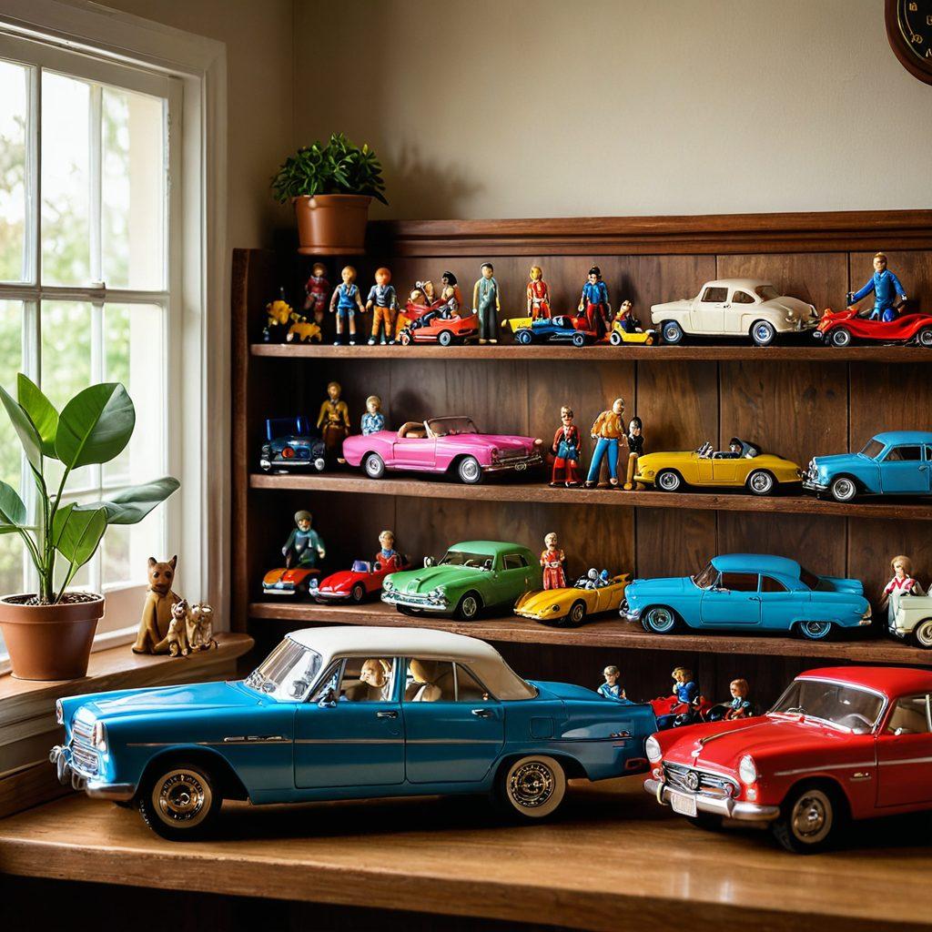 A whimsical scene showcasing a vibrant collection of collectible toys like action figures, vintage dolls, and rare car models, all intricately arranged on a shelf. In the background, a warm home setting with family members enjoying the toys together, symbolizing protection and joy. Soft sunlight streaming in through a window enhances the nostalgic ambiance. super-realistic. vibrant colors. cozy atmosphere.