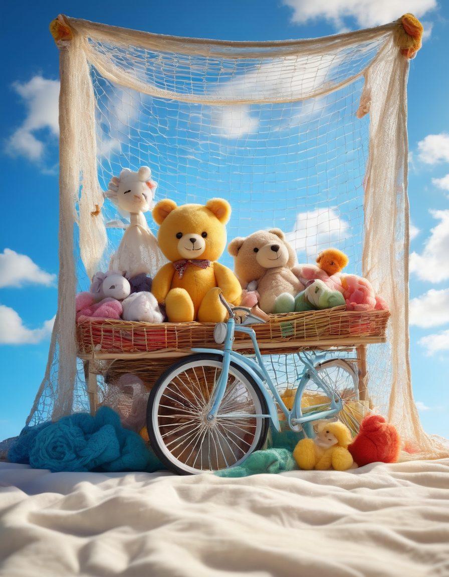 An imaginative and whimsical scene depicting a colorful array of playthings like plush toys, bicycles, and vintage dolls all securely nestled under a large, protective safety net. The background features a bright blue sky with fluffy clouds, symbolizing safety and tranquility. The playthings should be varied in style and texture to showcase their uniqueness, while the net appears sturdy yet inviting. Sunlight filters through the net, creating a warm and reassuring atmosphere. vibrant colors. cartoon style.