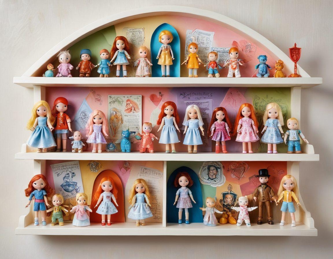 An enchanting display of various dolls and action figures, beautifully arranged on a shelf, showcasing a variety of styles and expressions. In the background, a whimsical illustration of a shield symbolizing protection, overlaying policy documents and playful icons of insurance symbols that represent safety. Soft lighting enhances the magical feel, creating a nostalgic yet modern atmosphere. watercolor illustration. vibrant colors. dreamy ambiance.